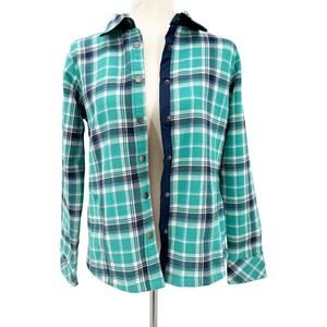 Orvis turquoise & blue plaid Flannel Lined Shirt Jacket women's SMALL snap front